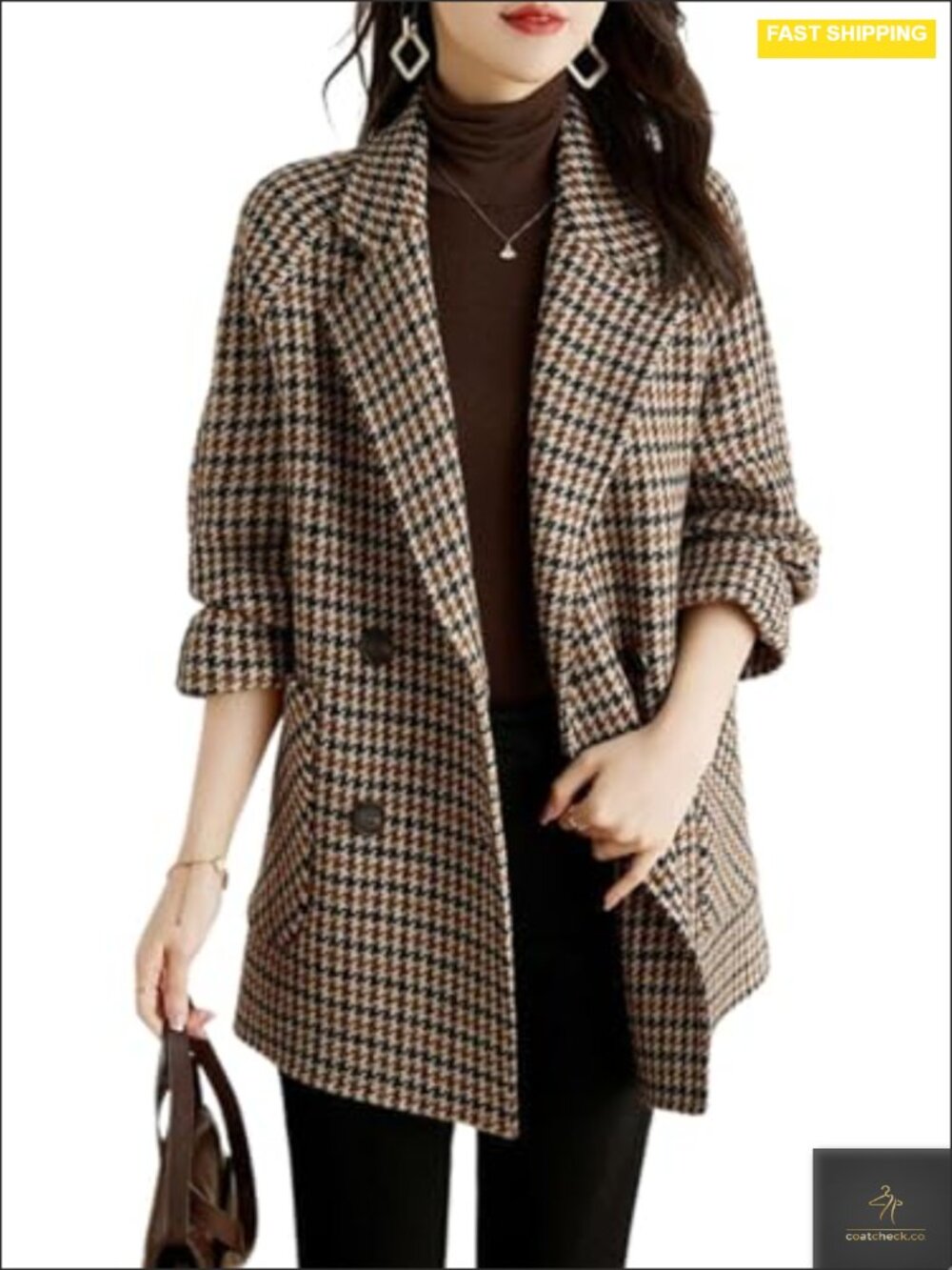 Women's Wool Blend Pea Coat Double Breasted Notched Lapel Houndstooth Overcoat